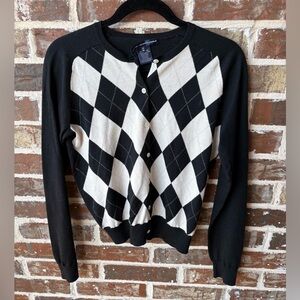 Ralph Lauren Golf Argyle Black White Silk Cashmere Cardigan Size Medium